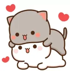 Two adorable cartoon cats cuddle and show affection. The gray cat sits on top of the white cat, both expressing love with open mouths and heart accents.