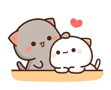 Peach and Goma are hugging. The gray cat Goma lovingly hugs the white cat Peach. A pink heart floats above them.