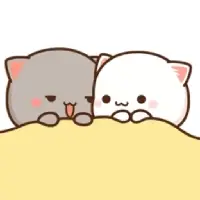 Two adorable mochi cats peek over a yellow surface. Red hearts float above them, adding to the cuteness.