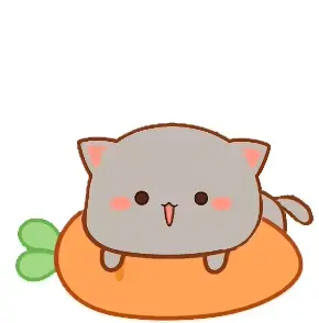 Goma, the gray mochi cat, is sitting on an orange carrot. The cartoon cat looks very happy while perched on the vegetable.