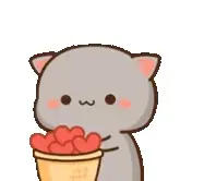 The adorable gray cat, Goma, is shown holding a cone overflowing with hearts. This sweet GIF is perfect for expressing love and affection.