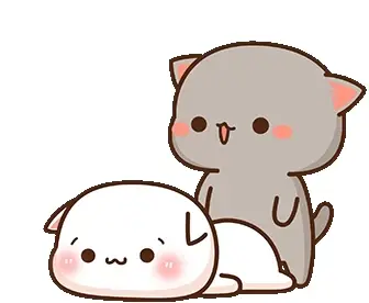 The gray mochi cat, Goma, is hugging the white mochi cat, Peach, to show love. A red heart floats above them.