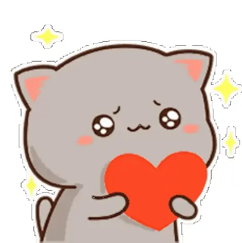 A cute gray cat, likely Goma, holds a red heart. The animation has sparkles around the cat, giving a warm and loving vibe.
