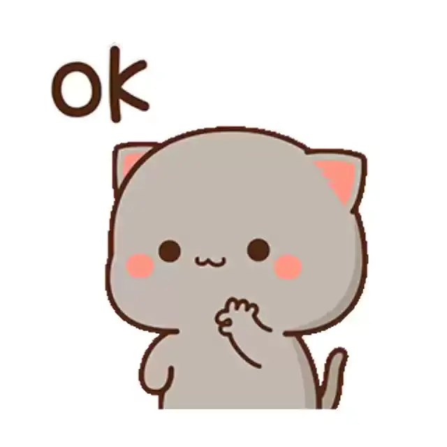 A cute gray cat, possibly Goma from Peach and Goma, gives the 'ok' hand gesture. The background is white with the text 'ok' in the upper left corner.