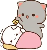 A gray mochi cat, Goma, rings a bell to wake up his sleeping friend, Peach. The other cat is snuggled under a pink blanket, enjoying a restful sleep.