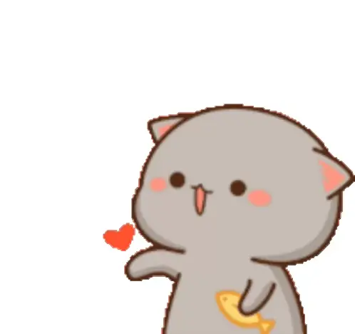 A cute gray cat character is seen holding a fish. It starts by extending its arm, then blows a kiss to the viewers.