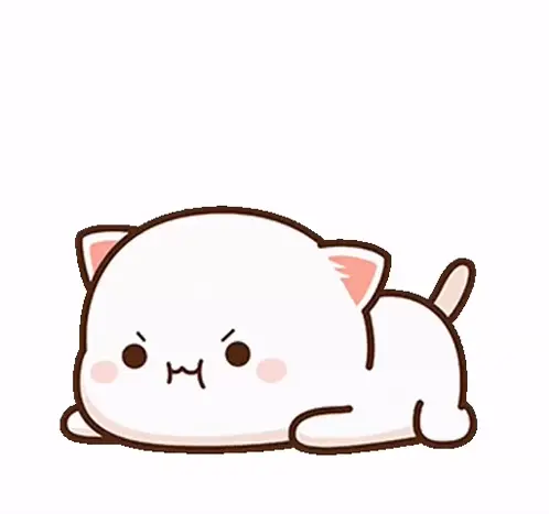 Peach the cat looks grumpy and is laying down. The cartoon cat appears to be irritated, judging by its expression.