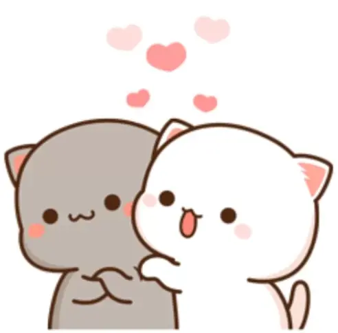 Two adorable cats are snuggling together with love hearts floating above them. One cat is white and the other is gray, clearly showing affection for each other.