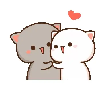Two adorable mochi cats, Peach and Goma, share a heartwarming hug. The sweet animation captures a moment of pure affection and love.