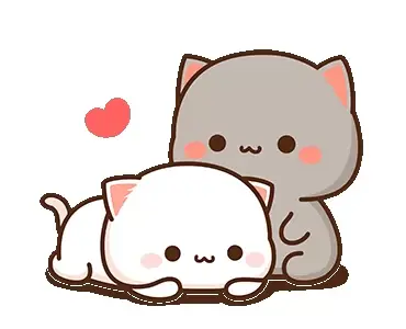 The GIF features the animated characters Peach and Goma in a loving pose. Peach lies down next to Goma, who is standing.
