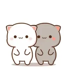 Two adorable mochi cats, Peach and Goma, share a heartwarming moment of affection. They stand side-by-side, their bodies touching and a small red heart connecting them, showing their bond and love.