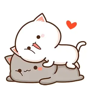 A white cartoon cat, Peach, lays on top of a gray cartoon cat, Goma. Both characters are from Peach and Goma.
