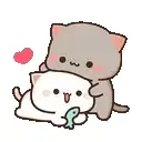 Peach and Goma are together. Goma cuddles Peach, who is holding a fish.