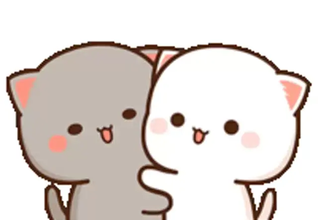 Two adorable cats, Peach and Goma, share a sweet embrace. They cuddle and a small red heart appears above their heads, showcasing their affection.