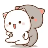 Two cute mochi cats, Peach and Goma, are hugging each other. The white cat, Peach, is holding Goma's hand and smiling. It's an adorable and heartwarming display of affection.