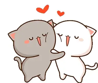 Two mochi cats are hugging affectionately, their eyes closed in contentment. Two hearts float above them, symbolizing their love and happiness.