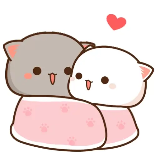 Peach and Goma are snuggled under a pink blanket with paw prints. A heart floats above them as they share a cute moment together.