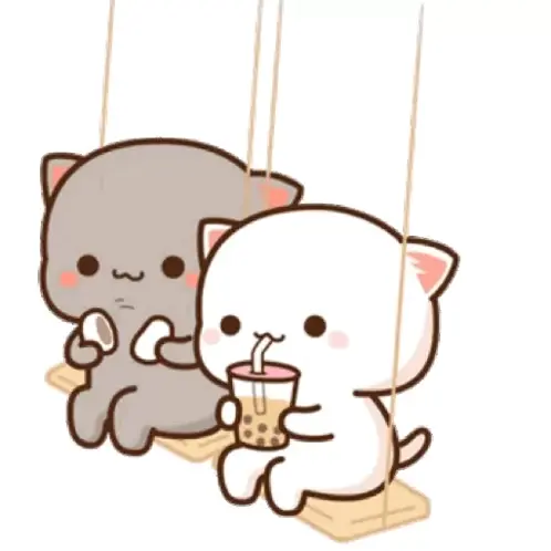 Two cute cats are enjoying a relaxing time on a swing. One is sipping boba tea, while the other enjoys a sweet treat.