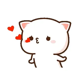 A white cat character, Peach, is blowing a kiss. The hearts that are being blown show the love that is being given from the kiss from Peach.