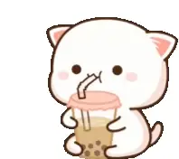 Peach the cat is seen enjoying a cup of bubble tea. The adorable cartoon character sips happily with its eyes closed.