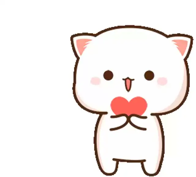 Peach the cat is holding a heart and smiling. The cat is white with brown eyes and pink cheeks.