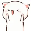 This animated GIF features Peach the cat reacting with shyness. Peach uses its paws to cover its face while blushing and smiling.