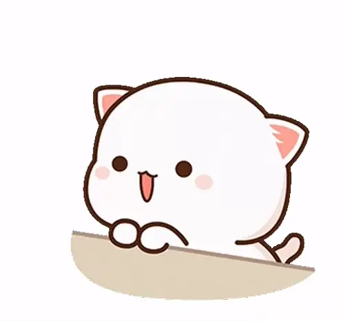 A cute Peach cat character smiles happily from behind a surface. The cat then blows a kiss with a heart floating beside it.
