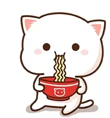 Peach is shown eating a delicious bowl of noodles. The white cat character happily enjoys its meal in a charming and adorable scene.