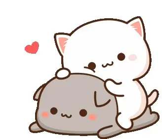 A cute white cat, Peach, lovingly hugs a gray cat, Goma. A pink heart floats above them, symbolizing their affection.
