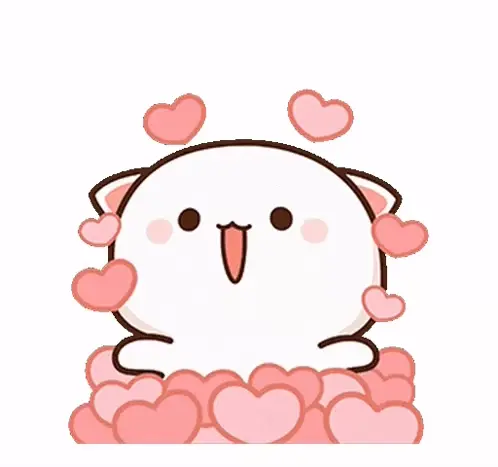This animated GIF features Peach the cat surrounded by pink hearts. The adorable character is peering out from the hearts, set against a clean white background with small, scattered floral designs, conveying a cute and loving sentiment.