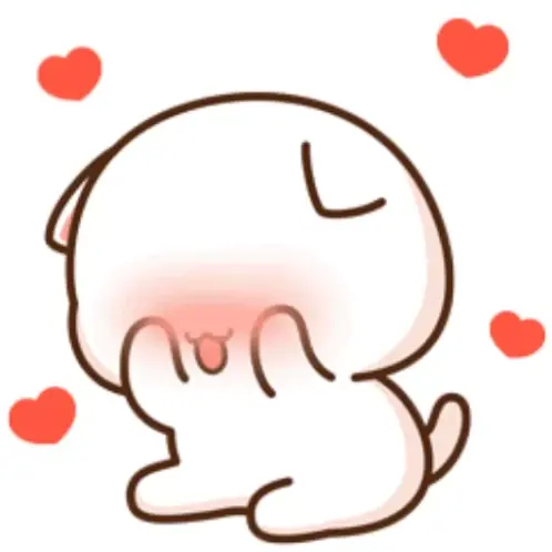Peach the cat is feeling shy and covers its face with its paws, blushing from embarrassment. The adorable animation is surrounded by floating red hearts.