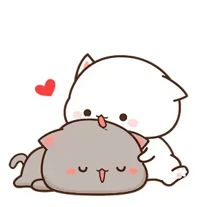 The adorable Peach cat gives a comforting pat to Goma, who is lying down and enjoying the affection. A small heart floats nearby, adding to the cute and loving scene.
