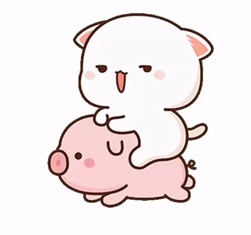 A cute white cat is riding on a pink pig! The cat looks a bit smug while the pig is sleeping. This GIF is perfect for expressing affection and good times.