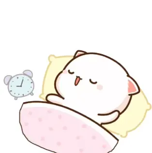 Peach the cat is sleeping soundly in bed. A light blue alarm clock sits nearby, waiting to wake Peach up for the day.
