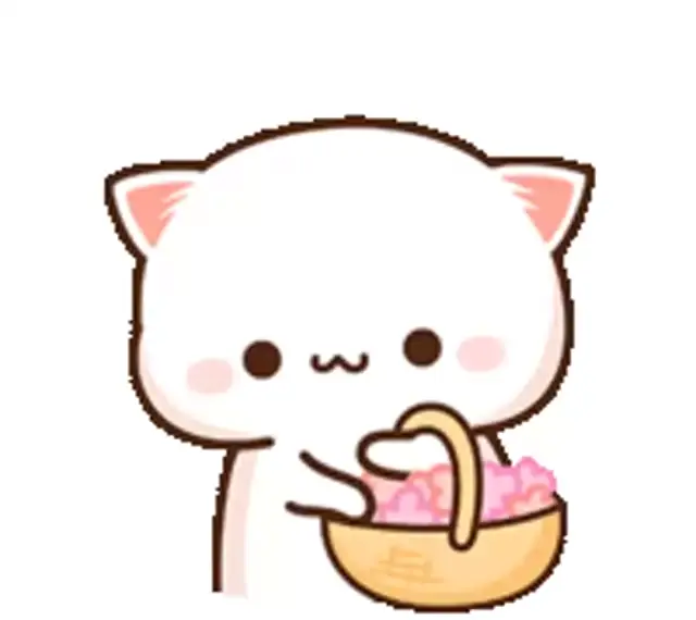 A cute white cat, Peach, is carrying a basket full of flowers and happily scattering them. The animated GIF shows Peach's joyful expression and playful action with the flowers.