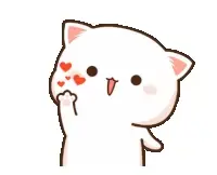 A cute white cat, Peach, waves with hearts floating from its hand. This adorable GIF expresses love and warmth.