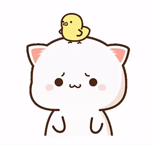 A cute white cat character, Peach, is shown with a small yellow chick perched on its head. The cat looks slightly sad or contemplative with large, round eyes and small downturned mouth.