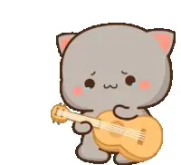 Goma the cat is sad and playing guitar. He has tears running down his face, so he must be playing a sad song.